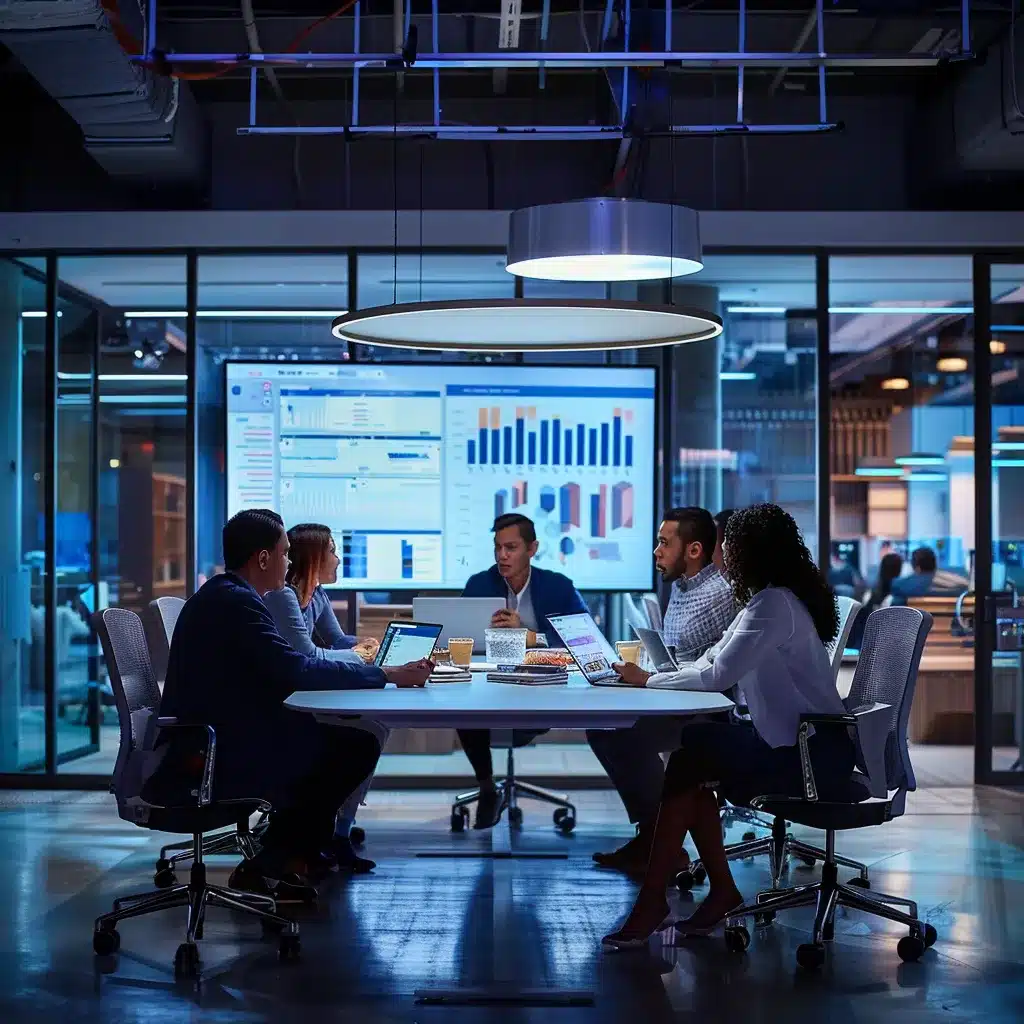 a dynamic office scene featuring a diverse team collaborating around a sleek conference table, illuminated by modern overhead lighting, as they passionately discuss it strategies on digital devices and a large screen displaying data analytics.