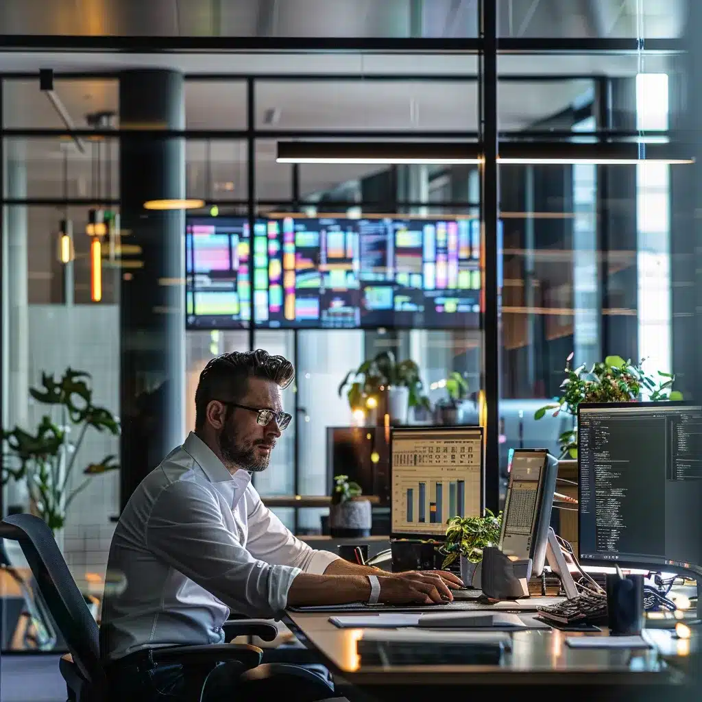 a sharply dressed australian tech enthusiast intently engages with cutting-edge gadgets in a sleek, modern office filled with innovative technology and vibrant digital displays.