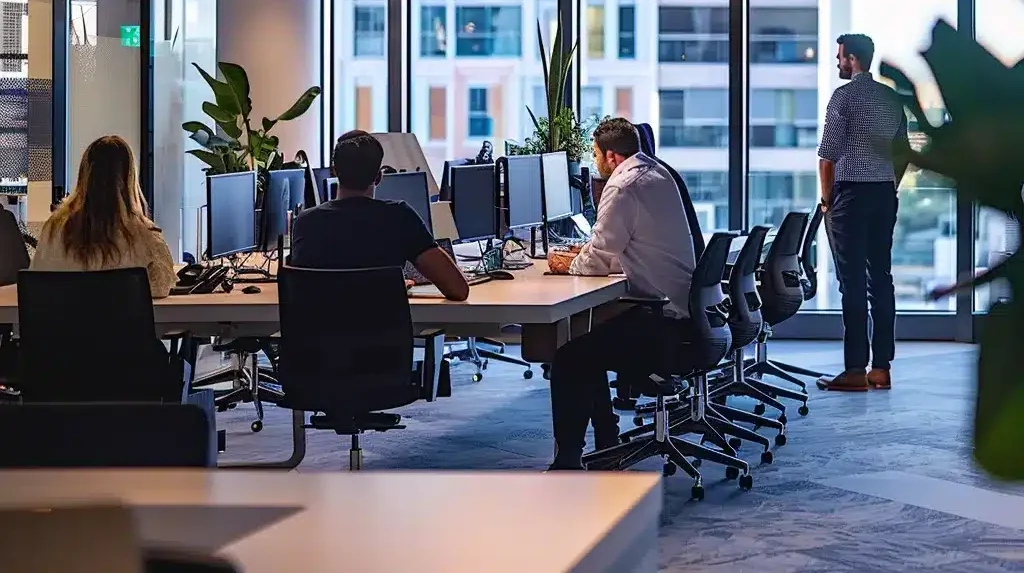 a sleek, modern office environment in brisbane, bustling with professionals engaged in dynamic discussions around high-tech gadgets and computer screens, showcasing the essence of it support services.